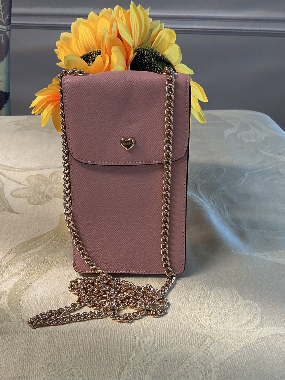Coach north/ south Pink Leather Crossbody Phone Pouch with Gold Chain